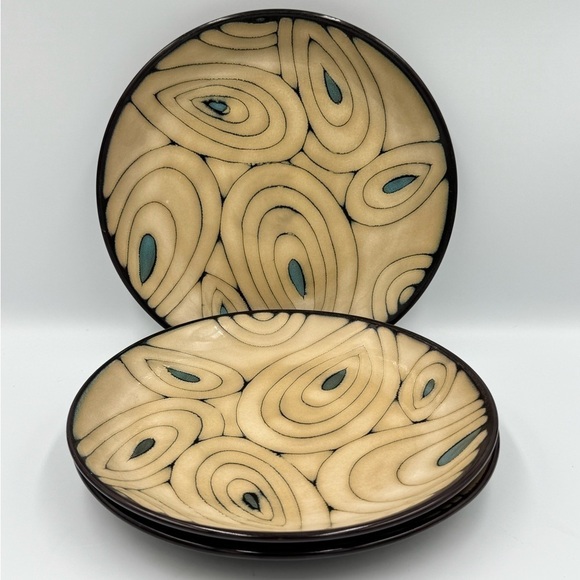 Pier 1 Imports Set of 3 “Teal Reactive” Pattern Stoneware Coupe Salad Plates - Picture 1 of 5